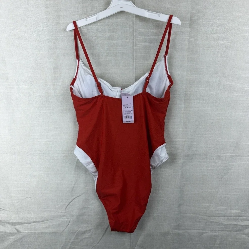 Wild Fable Swimsuit Womens L 12-14 Red White One Piece Underwire High Leg Cheeky